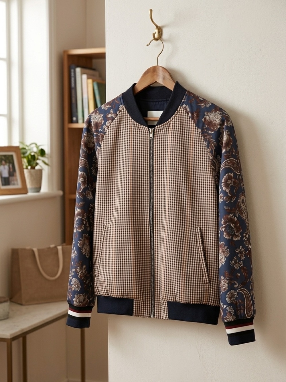 3.1 Phillip Lim Neutral Checked Bomber Jacket with Navy Paisley Sleeves
